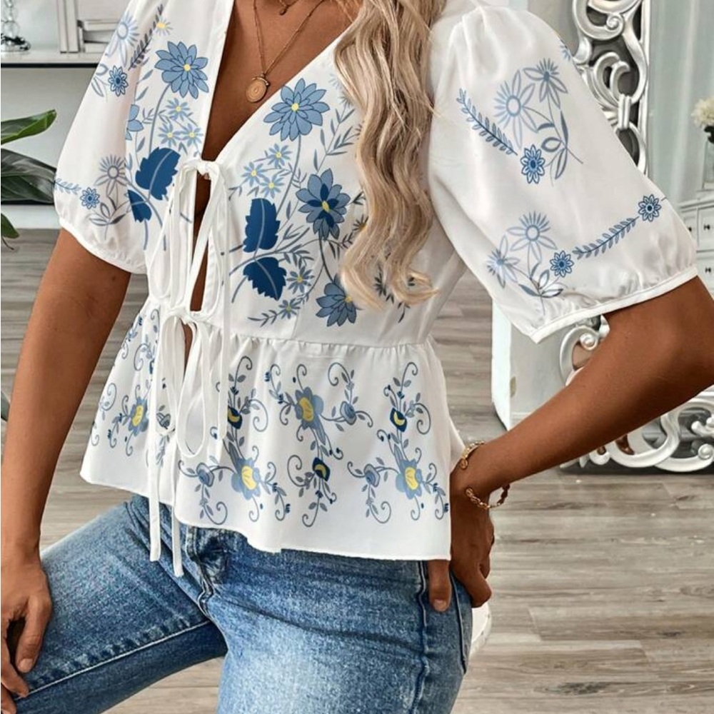 NWOT. White and Blue Puff Sleeve Peplum Blouse with Tie Front